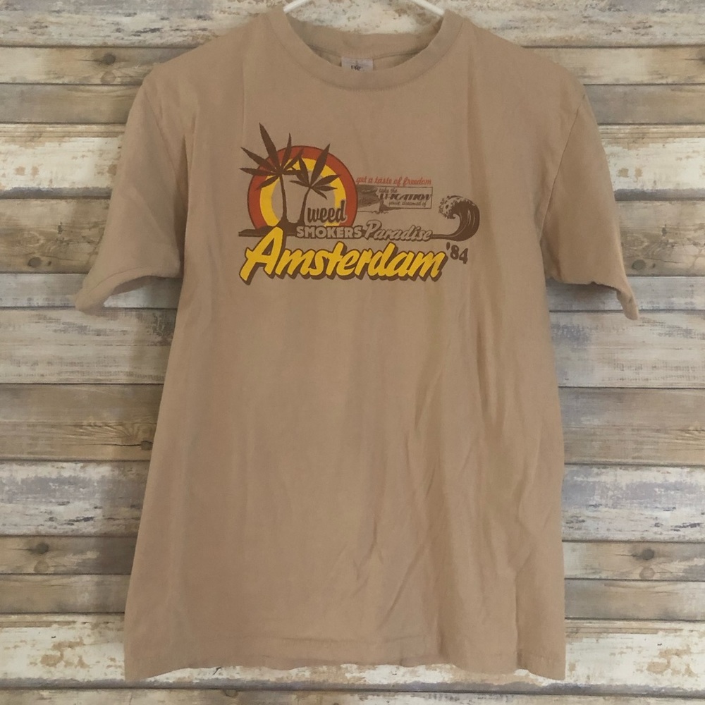 Amsterdam Weed Smokers Paradise ‘84 Vintage Tourist Vacation Shirt Tan T-Shirt